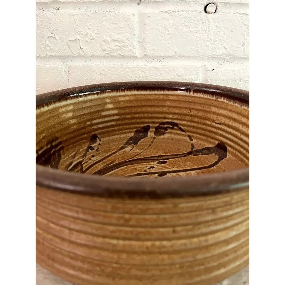 Vintage Studio Pottery Handled Stoneware Serving Bowl Brown Floral Glaze 11.5